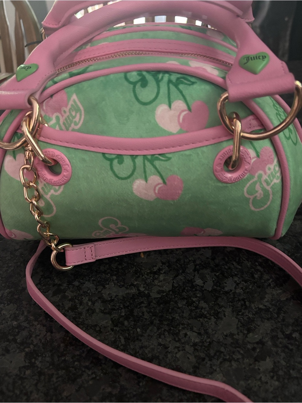 NWT Juicy Couture Retro Pink & Green Barrel Satchel with Cherry Gelato Accent - Picture 8 of 12